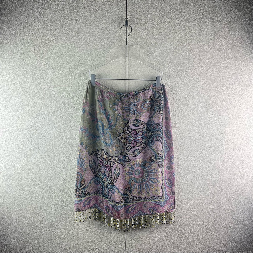 Poleci l 8 Boho Silk Paisley Drawstring Waist Beaded Fringe Side Split Hem Skirt